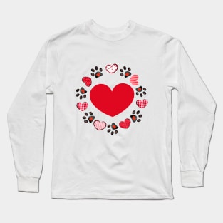 Retro red hearts and doodle paw prints Long Sleeve T-Shirt